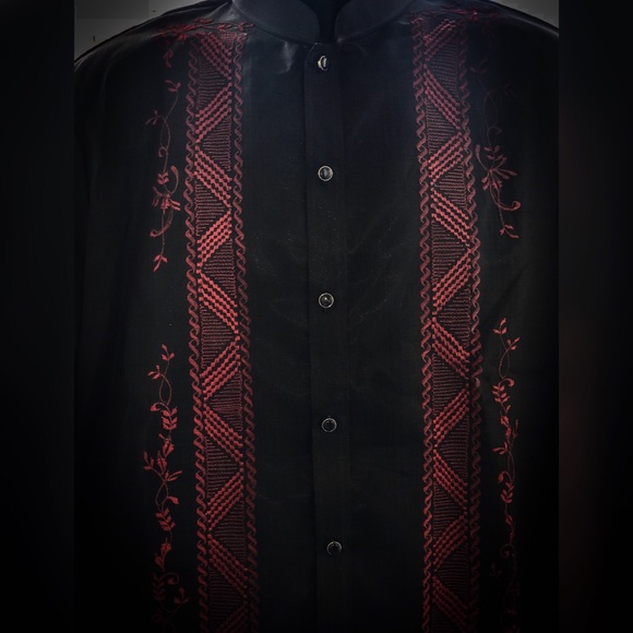 Pina Coat Barong Tagalog Black/ Maroon Embroidery - Picture 2 of 3